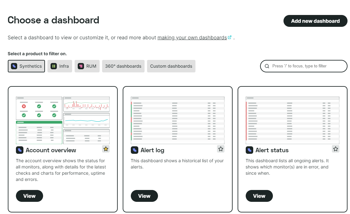 Screenshot des Pop-up-Fensters Alle Dashboards