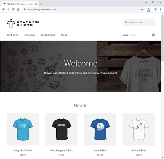 screenshot of galactic shirts homepage