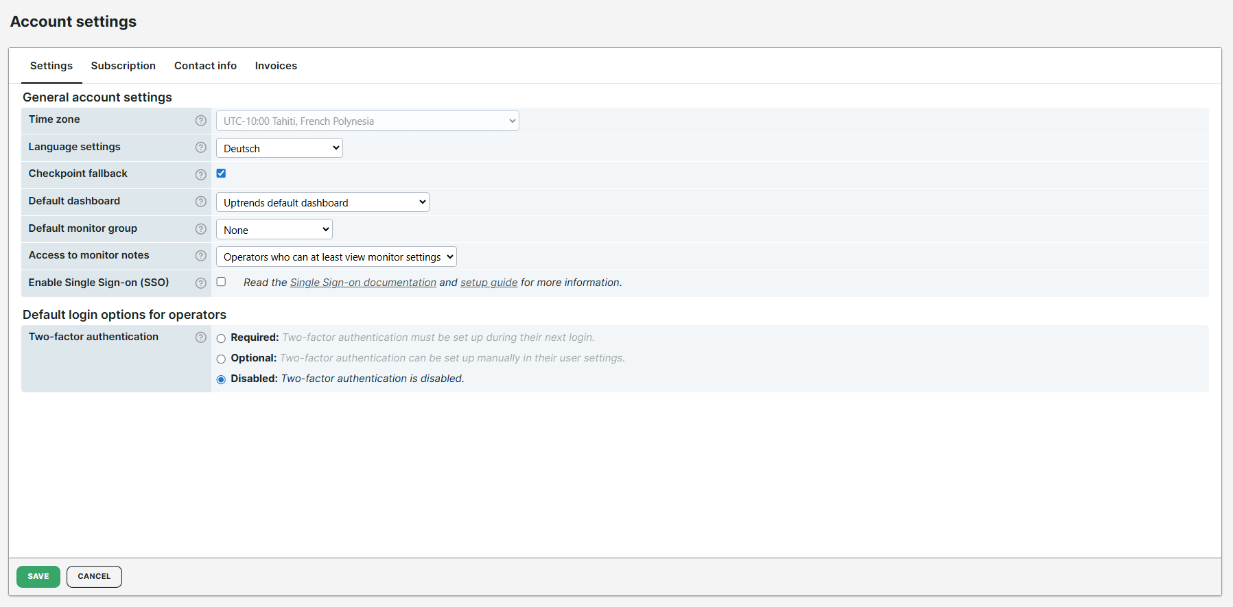 Administrative Seite: Account Einstellungen