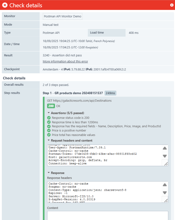 Kontrolldetails der Prüfobjektergebnisse eines Postman API-Monitorings
