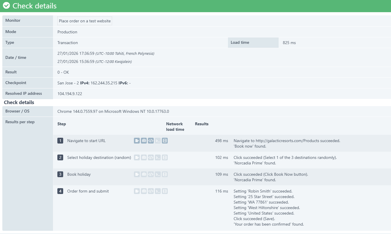 Prüfobjektergebnis Netzwerkzeit bei Transaktionsprüfobjekten