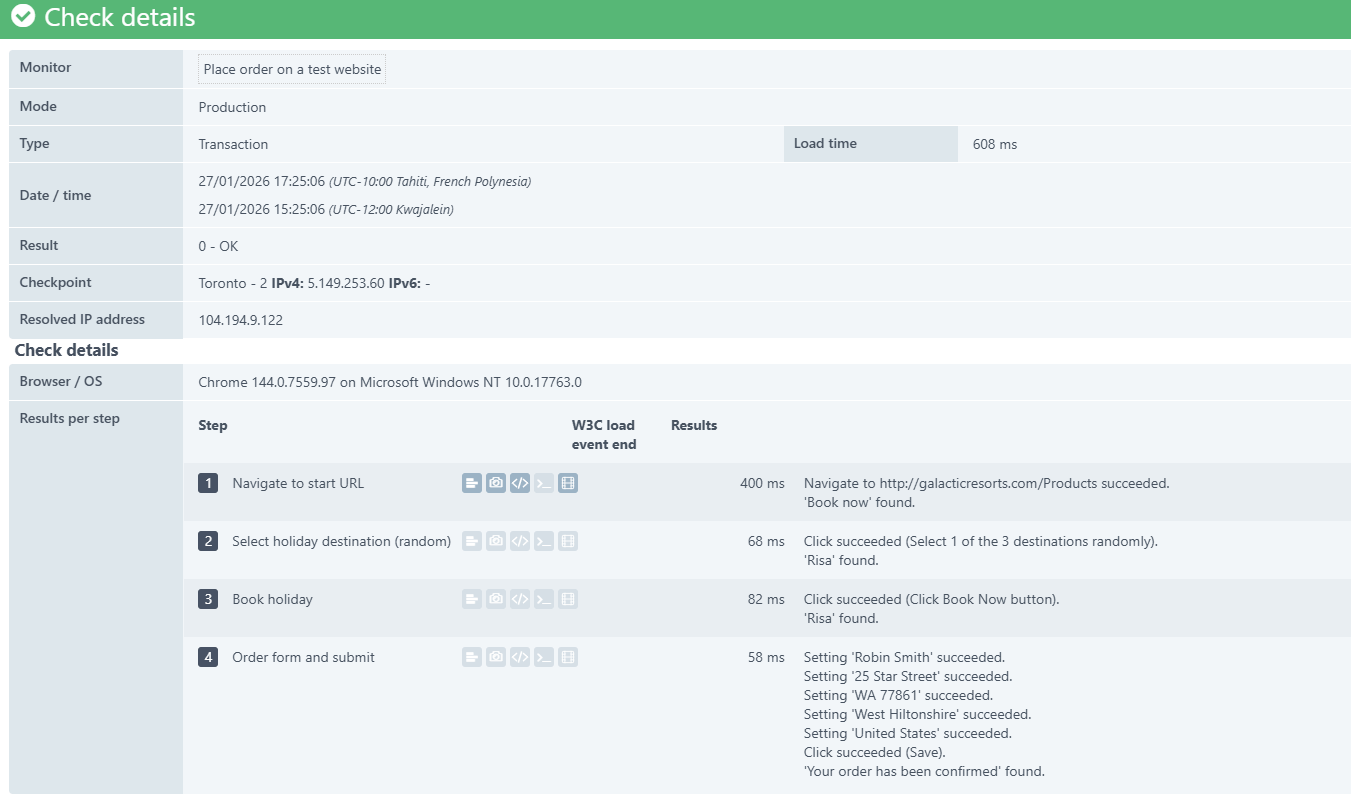 Prüfobjektergebnis W3C Load Event bei Transaktionsprüfobjekten