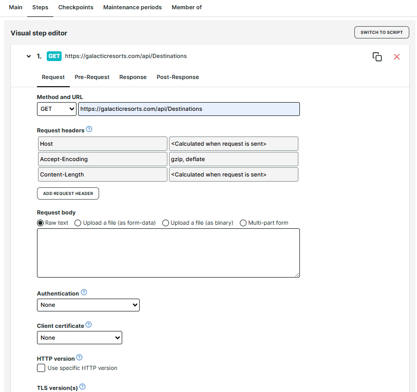 Prüfobjektkonfiguration auf der Registerkarte Schritte des Multi-Step API-Prüfobjekts