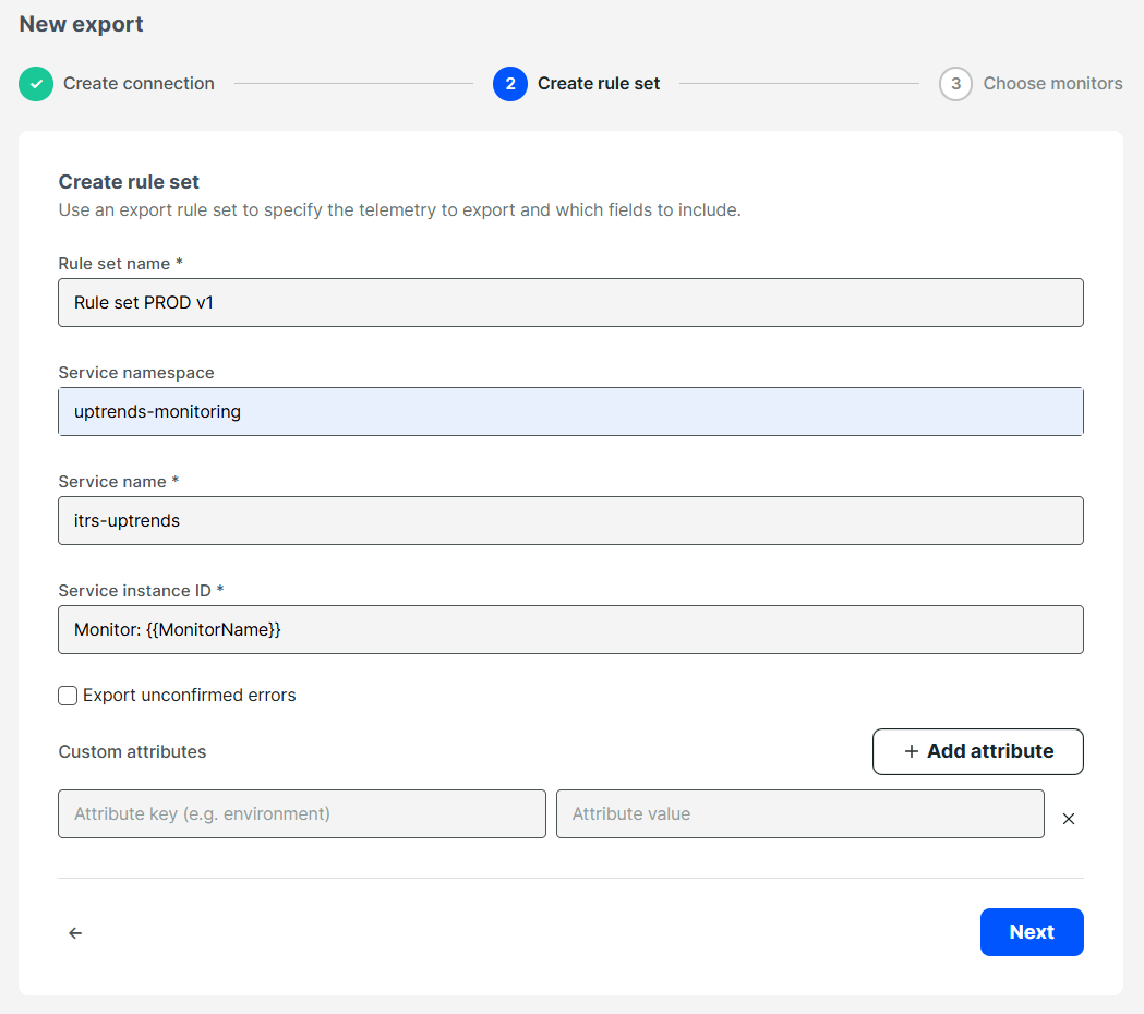 Erstelle ein Regelset zum Uptrends OpenTelemetry Export