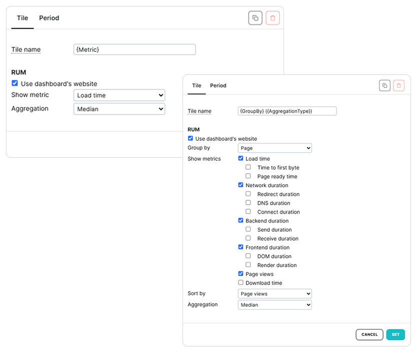 Kachel-Tab bei RUM Dashboard-Kacheln
