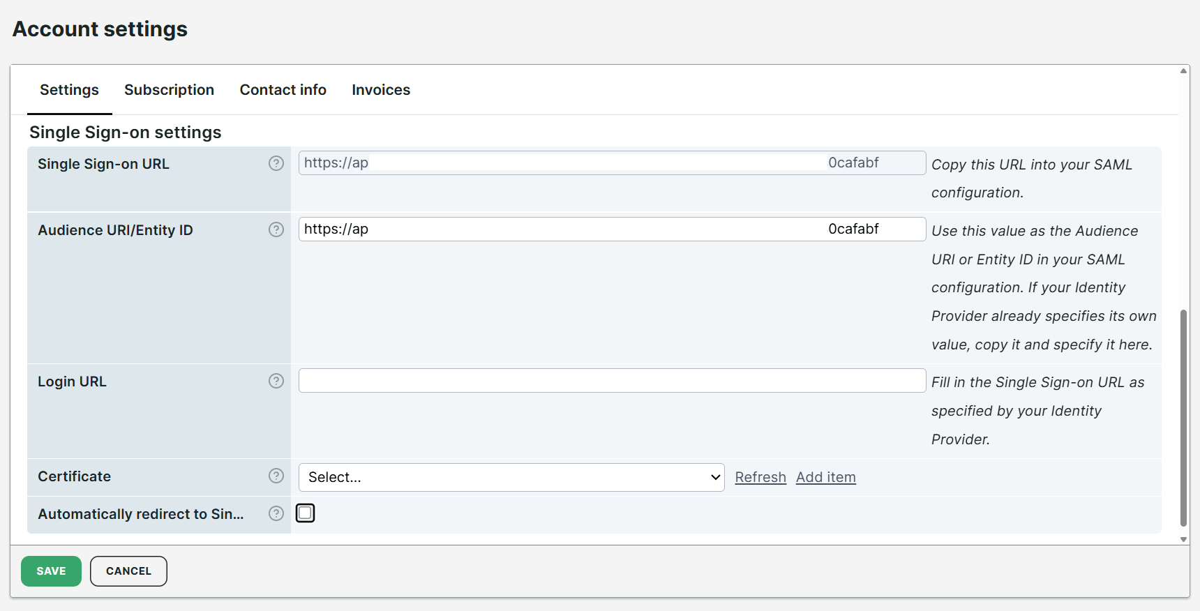 Account-Einstellungen für automatische Single Sign-on (SSO)-Umleitung