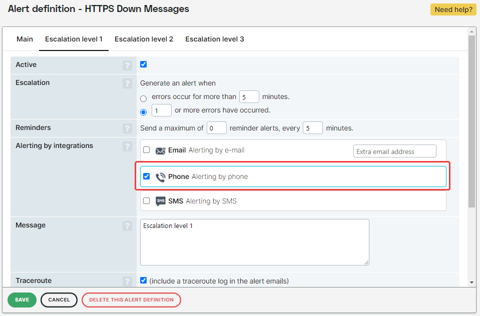 Screenshot Meldedefinition Telefonintegration