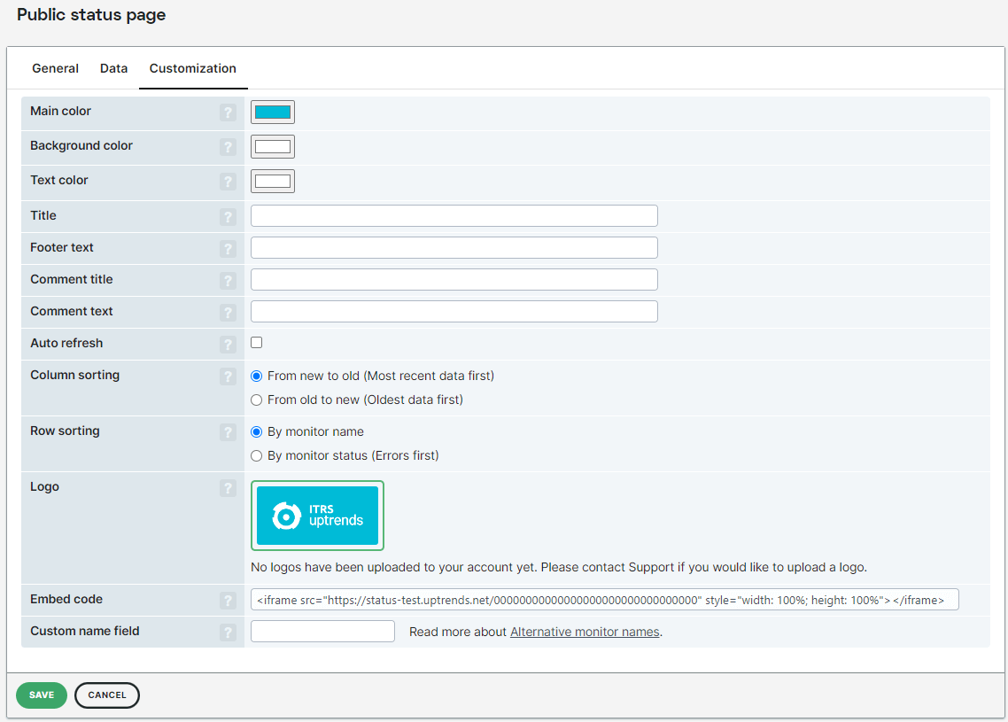 Screenshot Registerkarte Customization bei Public Status Page