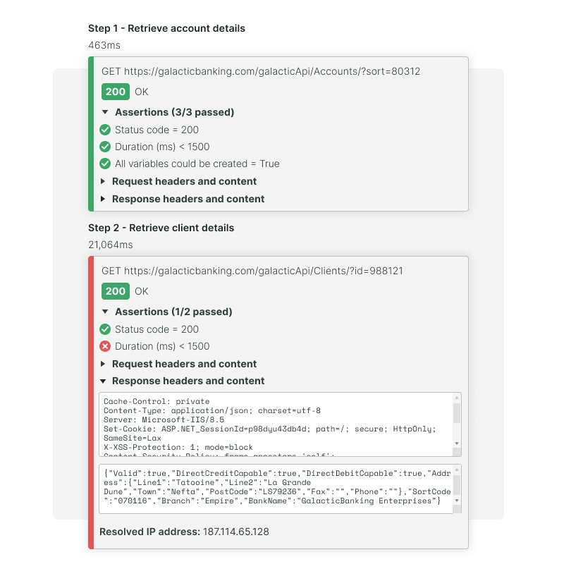 Multi-step API-Abfragen und Assertions bei einer Finanztransaktion