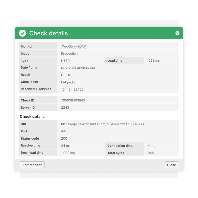 Prüfe Details und Ergebnisse des API SOAP Monitorings