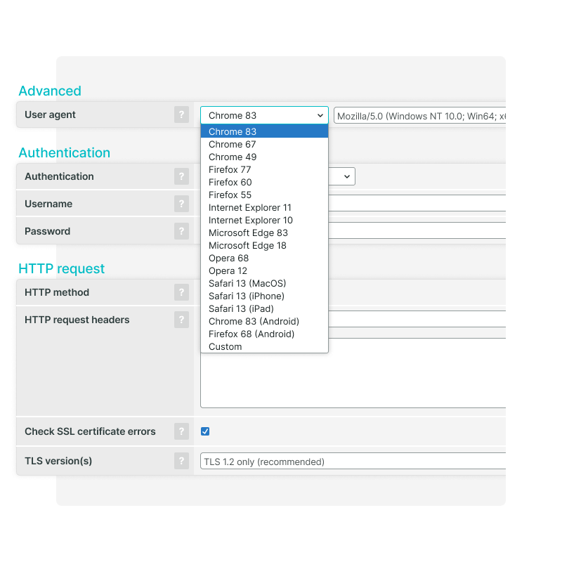 Auswahl von User Agents und SSL-Zertifikat