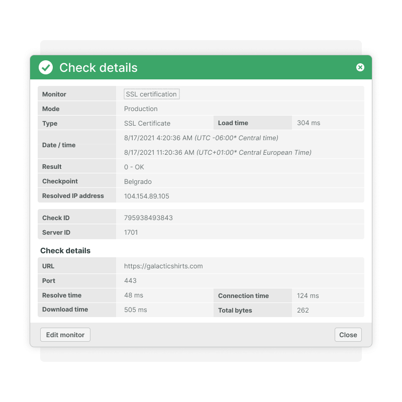 Details einer Überwachung des SSL-Zertifikatsablaufs